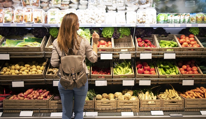 Good Looking Woman Standing Front Vegetable Shelves Choosing What Buy