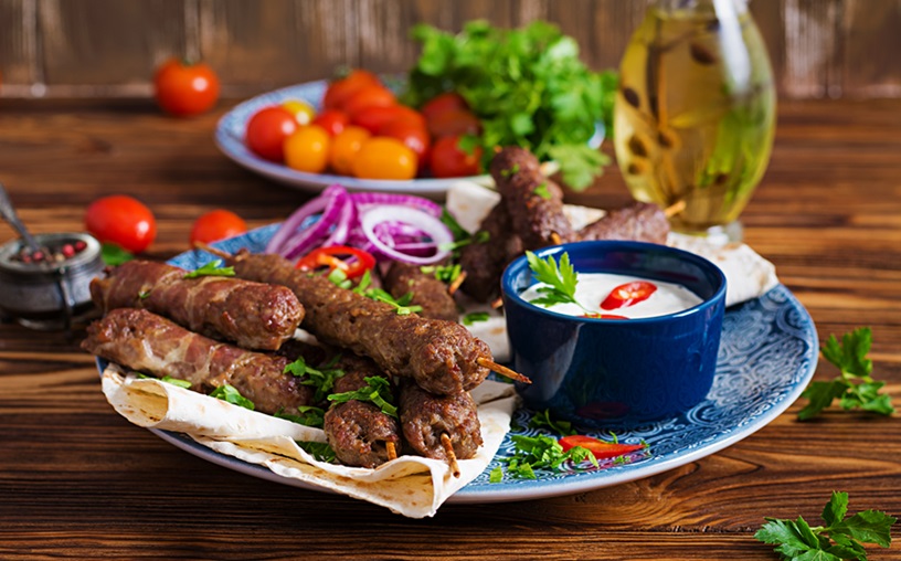 Turkish Arabic Traditional Ramadan Mix Kebab Plate Kebab Adana Chicken Lamb Beef Lavash Bread With Sauce Top View